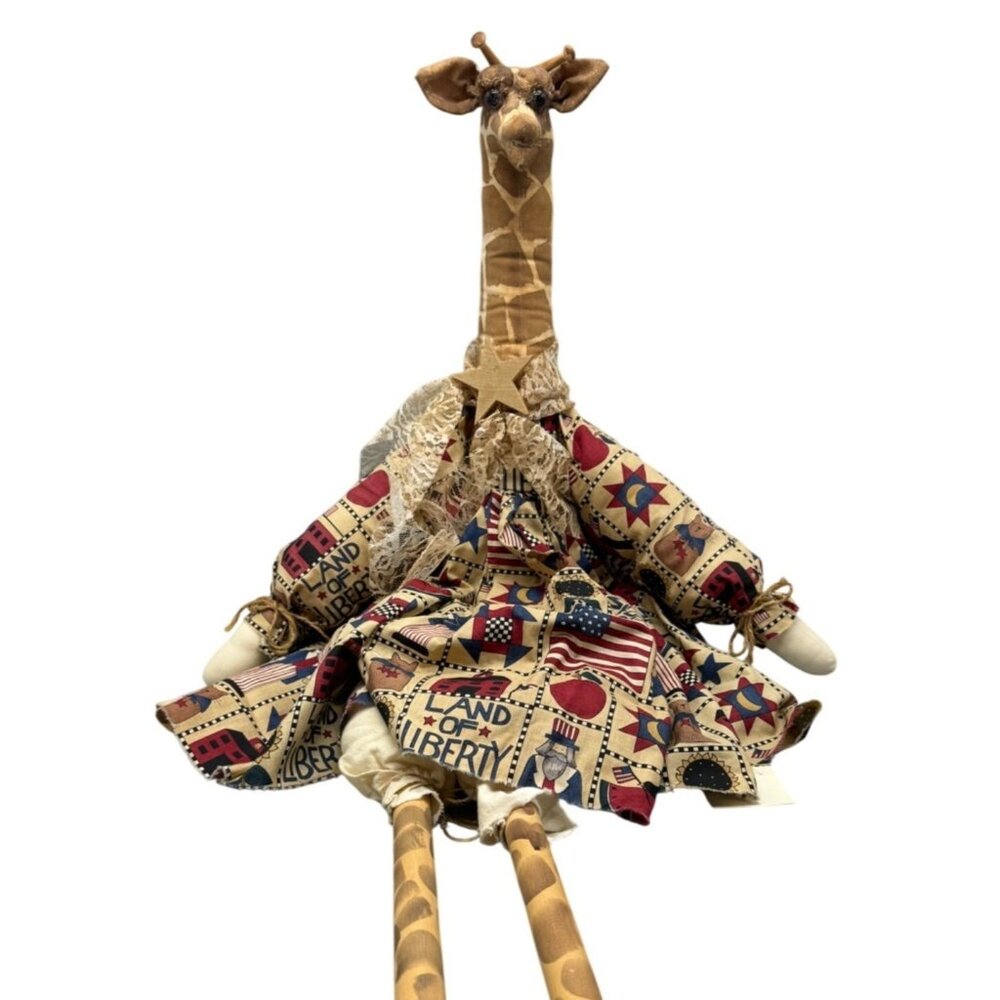 large Handcrafted Giraffe Doll Patriotic Dress & Lace Accents wood brown READ